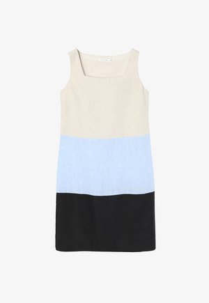 Linane kleit ruudukujulise kaelusega ja värviblokeeritud disainiga: beež ülaosa, helesinine keskosa ja must alumine osa.