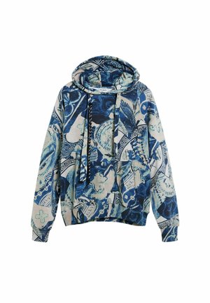 Modrá a krémová mikina s kapucňou s rôznymi grafickými vzormi, vybavená vreckom na prednej strane a nastaviteľnými šnúrkami. Vyrobená z mäkkej tkaniny.
