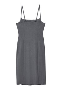 Graues, ärmelloses Kleid mit dünnen Trägern, aus einem strukturierten Stoff gefertigt. Verfügt über ein tailliertes Oberteil mit subtilen Falten und einem geraden Schnitt.