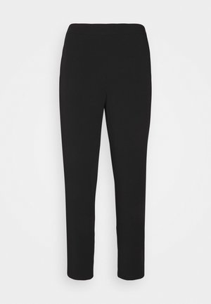 Black slim-fit pants with elastic waistband, ankle-length, and no visible pockets or embellishments, displayed on white background.
