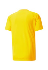 Gelbes T-Shirt mit kurzen Ärmeln aus glattem synthetischen Material, mit einem Rundhalsausschnitt und einem schlichten, unverzierten Design in einfarbiger Ausführung.