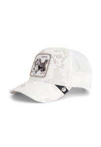 White mesh-backed cap with a solid visor, featuring a dog patch labeled "BESTIE" in beige, with subtle textured patterns on the fabric.