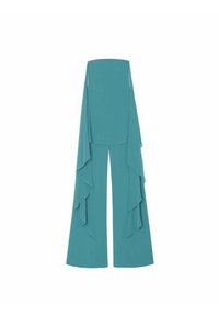 Turquoise jumpsuit met wijde benen, met gelaagde draperingen aan de zijkanten en een getailleerd bodice ontwerp. Gemaakt van een gladde, lichte stof.