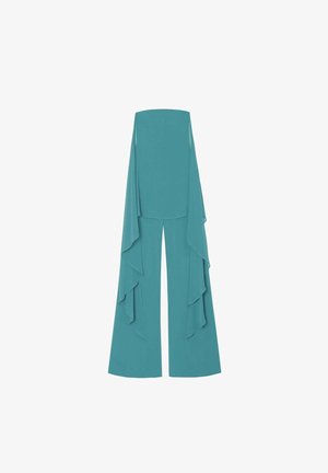 Turquoise jumpsuit met wijde benen, met gelaagde draperingen aan de zijkanten en een getailleerd bodice ontwerp. Gemaakt van een gladde, lichte stof.
