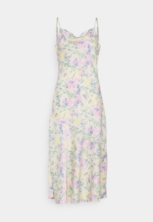 Robe midi fleurie avec un décolleté bénitier, présentant des couleurs pastel comme le rose et le jaune, réalisée en tissu léger, avec des bretelles spaghetti ajustables.