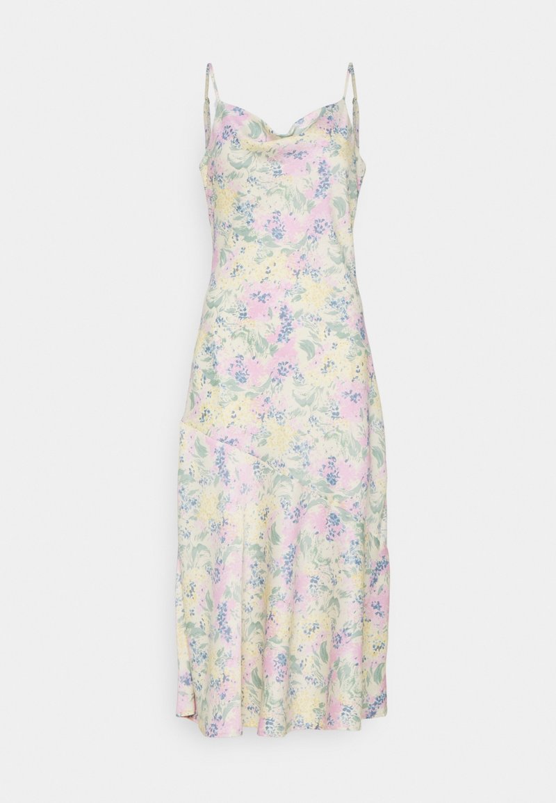 Robe midi fleurie avec un décolleté bénitier, présentant des couleurs pastel comme le rose et le jaune, réalisée en tissu léger, avec des bretelles spaghetti ajustables.