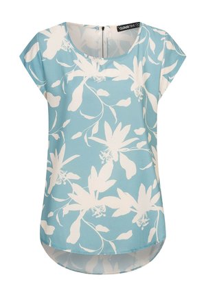 Top azul claro con patrones florales blancos, escote redondo, mangas cortas tipo capa y un bajo ligeramente asimétrico. Cierre trasero con cremallera.