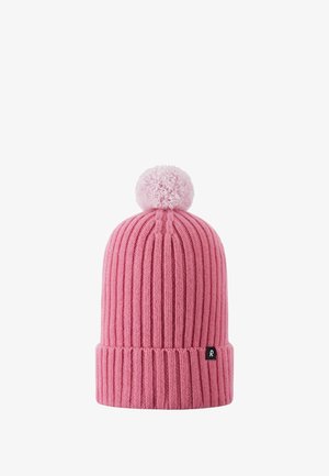 Pink knitted beanie hat with a ribbed texture, a soft pom-pom on top, and a folded cuff featuring a small black logo patch.