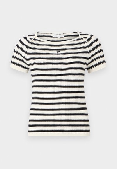 Top à manches courtes en tricot côtelé présentant des rayures horizontales noires et blanches, un col rond et un petit logo sur la poitrine.