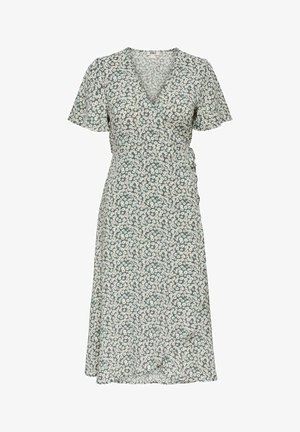 Roheline mähkkleit valge karikakra mustriga, lühikeste helendavate varrukatega, V-kaelusega ja vööga, põlvepikk.