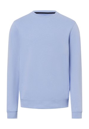 Sweatshirt à col rond bleu clair en tissu doux ; doté de manches longues et de bords-côtes aux poignets et à l'ourlet pour un ajustement confortable.