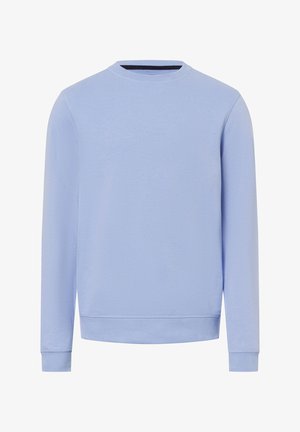 Lichtblauwe crewneck sweatshirt gemaakt van zachte stof; heeft lange mouwen en ribgebreide manchetten en zoom voor een snug fit.