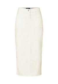 Hvid bomulds blyantskirt med frontlukning med knapper, to forlommer og et strømlinet design. Glat tekstur, knælængde.