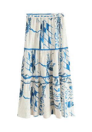 Fustă albă până la gleznă, cu modele albastre abstracte și florale, talie elastică și design stratificat cu bordură albastră orizontală.