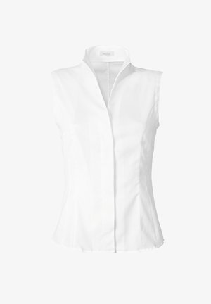 White sleeveless blouse with a mandarin collar, featuring a fitted design and soft fabric texture, accented by vertical seams.