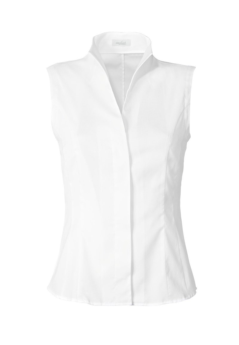 Weißes ärmelloses Blusenshirt mit Mandarin-Kragen, das durch ein tailliertes Design und eine weiche Stoffoberfläche besticht, akzentuiert durch vertikale Nähte.