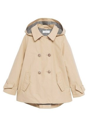 Beige dobbeltradet hættejakke med ternet foer, to forlommer med klap og knappebesatte ærmestraps.