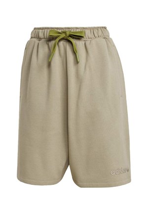 Beige sportieve shorts van zacht materiaal, met een elastische tailleband met een groene koord en een subtiele logo-detail.