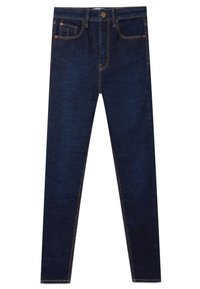 Jeans skinny de mezclilla azul oscuro con un diseño clásico de cinco bolsillos, que presentan costuras amarillas en contraste y un cierre delantero con botón.