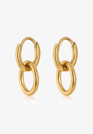 Arany fülbevalók, amelyek összekapcsolt dizájnnal rendelkeznek, két egymásra illeszkedő gyűrűvel. Sima, polírozott felület, fényes befejezéssel.