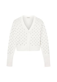 Weiße kurze Strickjacke mit V-Ausschnitt, Knopfleiste, langen Ärmeln, gerippten Bündchen und kleinem silbernen Sternenmuster auf der gesamten Fläche.