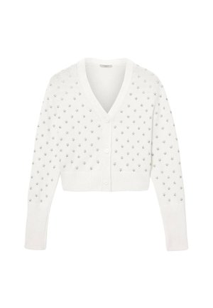 Weiße kurze Strickjacke mit V-Ausschnitt, Knopfleiste, langen Ärmeln, gerippten Bündchen und kleinem silbernen Sternenmuster auf der gesamten Fläche.