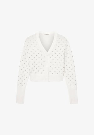 Witte cropped cardigan met V-hals, knopen aan de voorkant, lange mouwen, ribgebreide manchetten en een klein zilveren sterrenpatroon over de hele stof.