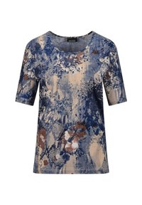 Korte mouwen dames T-shirt met blauwe, beige en bruine bloemen- en abstracte patronen, met een ronde halslijn.