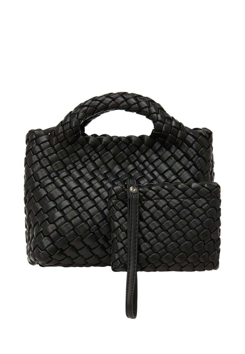 Fekete szőtt bőrtáska teksturált felülettel, kis levehető pénztárcával, ami cipzárral és csuklópánttal rendelkezik.