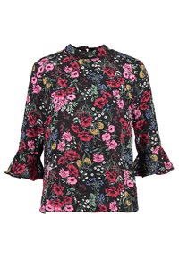 Blusa nera a fiori con collo alto, maniche a tre quarti svasate e un motivo di fiori rosa, gialli e blu su uno sfondo scuro.