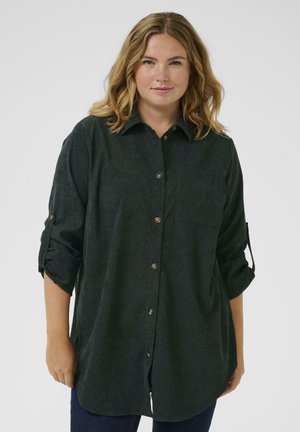 Dark green, button-up shirt with a collar, long sleeves, and one chest pocket. Features cuffed sleeves and gold-tone buttons. Textured fabric.