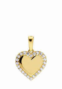 Pendentif en forme de cœur en or avec une surface lisse, entouré d'un cercle de pierres précieuses claires. Finition brillante qui améliore l'éclat global.