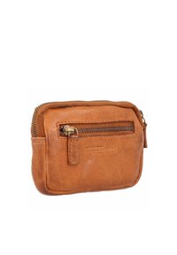 Brown leather pouch with a textured finish, featuring a zippered main compartment and an additional front pocket. Compact rectangular design.