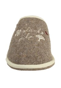 Brown felt slipper with cream trim, featuring embroidered floral and mushroom designs. Soft texture, closed toe, low-profile design.