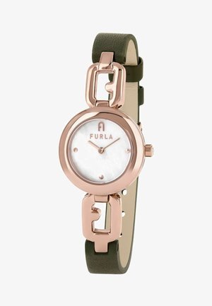 Ümar kell roosakuldse roostevabast terasest korpusega, valge emakakoi kellanäidu ja rohelise nahkrihmaga, millel on ketti meenutav aksessuaarielement.