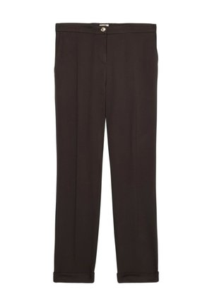 Pantalons noirs fuselés avec une texture de tissu lisse, dotés d'une fermeture à bouton et de ourlets roulés. Deux poches latérales sont visibles.