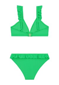 Zelený bikiny set s volánkovým trojuholníkovým vrchným dielom a zodpovedajúcou spodnou časťou s volánkovými okrajmi, vyrobený z hladkého, elastického materiálu.