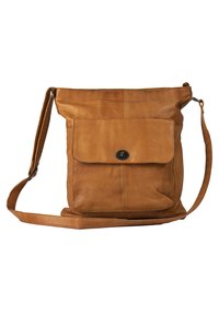 Brun läder crossbody-väska med klafföverlapp, magnetisk knäppning, justerbar rem och en framficka. Mjuk textur, minimalistisk design.