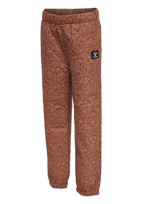 Bruna vadderade byxor med ett strukturerat mönster, elastisk midja och logopatch. Tillverkade av lätt material som passar för fritidskläder.