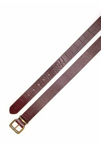 Burgundowa skórzana pasek z teksturą krokodylej skóry, z prostokątną klamrą w złotym kolorze i wieloma otworami do regulacji rozmiaru.