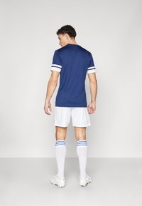 T-shirt de sport bleu avec des manches à rayures blanches, associé à un short blanc et des chaussettes blanches montantes avec des accents bleus. Design épuré, texture simple.