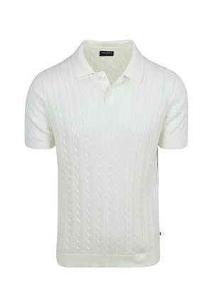 Witte polo met korte mouwen, gehaakt kabelpatroon en een twee-knopenbies, voorzien van een omgeklapte kraag.