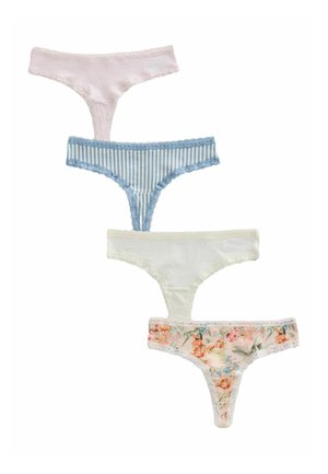 Vier spitzenbesetzte Damenstrings in Hellrosa, Blau-Weiß gestreift, uni Weiß und mit Blumenmuster, vertikal ausgelegt.