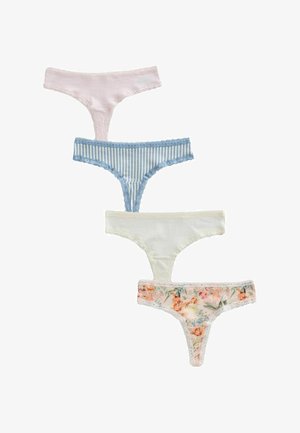 Cztery damskie stringi z koronką w jasno-różowym, niebiesko-białe w paski, gładko białe oraz w kwiatowy wzór ułożone pionowo.