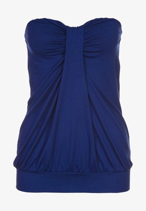 Top sin mangas azul marino hecho de tela suave, con detalles fruncidos en el busto y una cintura ajustada con un dobladillo ligeramente acampanado.