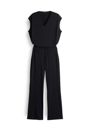 Black jumpsuit with a V-neckline, short sleeves, and wide-leg pants. Made from soft fabric, features an elastic waistband for comfort.