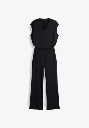 Zwarte jumpsuit met een V-halslijn, korte mouwen en een wijd uitlopende broekspijp. Gemaakt van zachte stof, met een elastische tailleband voor comfort.