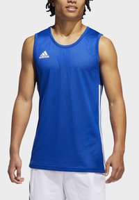 Canotta sportiva blu con scollatura rotonda, realizzata in tessuto a rete; presenta strisce laterali bianche e un logo ricamato sul petto.