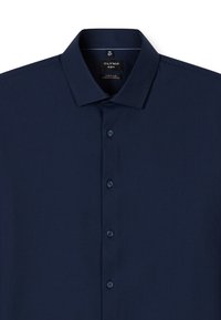 Navy blue men's slim-fit button-up shirt with classic collar and four visible buttons down the front.