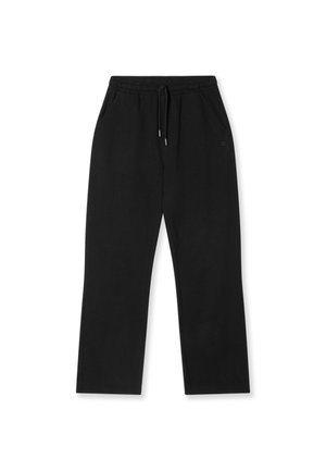 Pantalones de chándal negros hechos de una tela suave, con cinturilla elástica ajustable, bolsillos laterales y un diseño de pierna recta.
